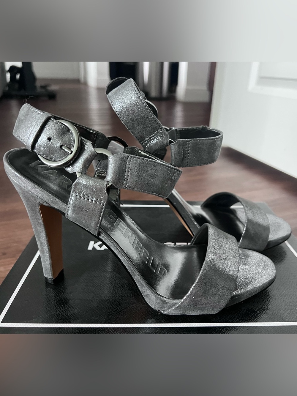 Karl Lagerfeld Metallic Grey Strappy Block Heel Sandals